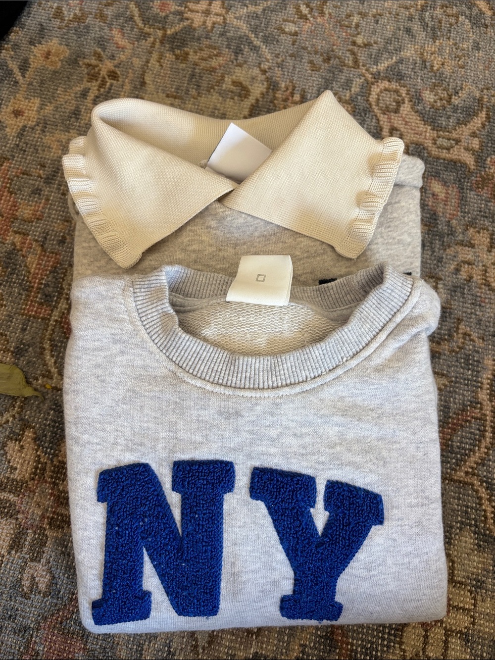 Zara Grey Sweatshirt with White Ruffled Collar and Navy 'Team League' Patch